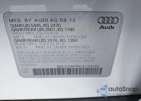2012 Audi Q5 2.0T Premium из США, поврежденный, VIN WA1LFAFP0CA124655